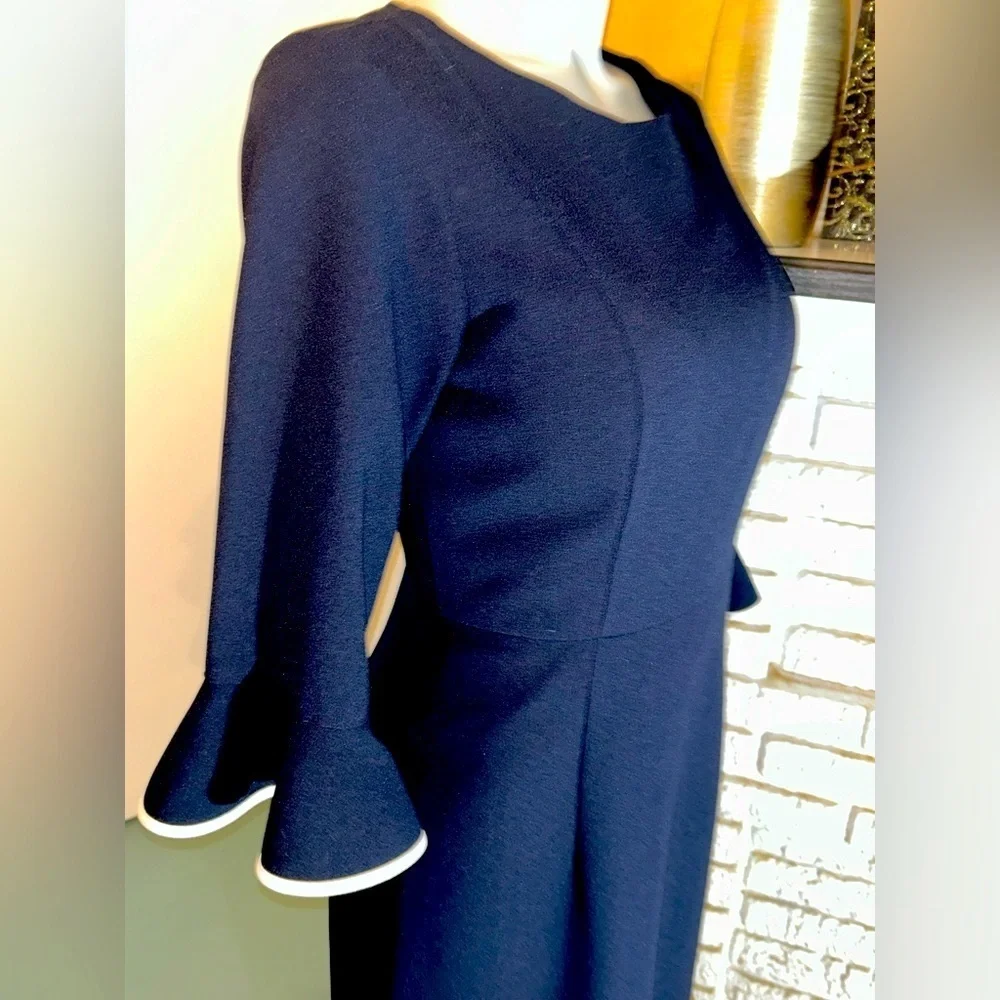 Nanette Lepore Navy Blue White Ruffle Midi Dress Long Sleeve Size 4
